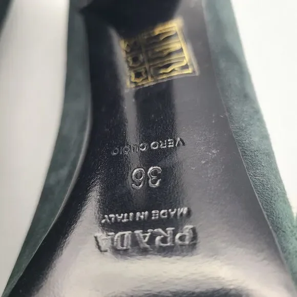 Prada Heel Pumps Shoes Donna Calzature Green Black Suede Cap Toe Sz 6 36 Used - Picture 9 of 10